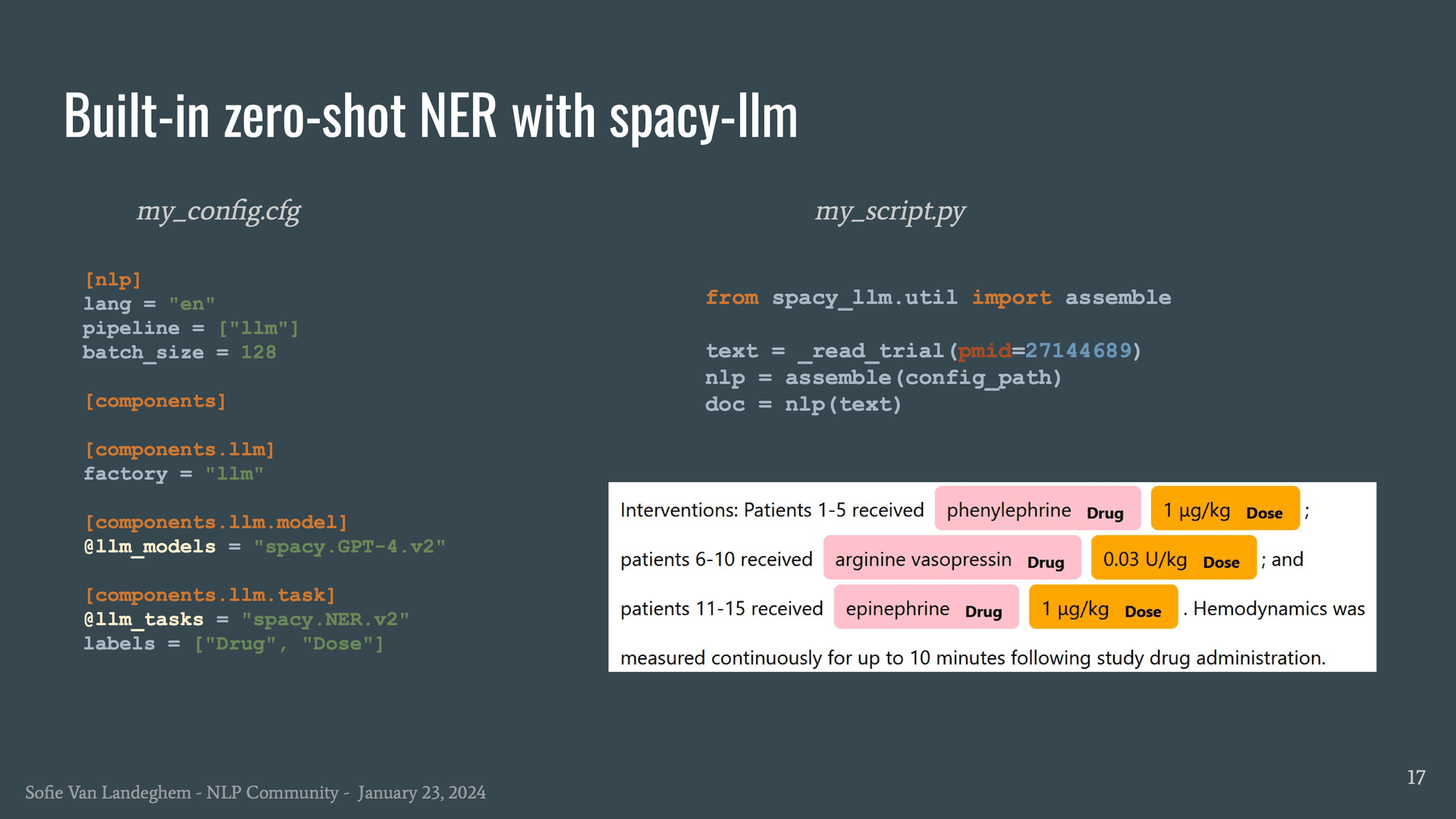 Slide showing how to use built-in zero-shot NER with spacy-llm